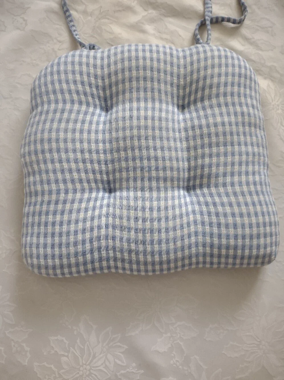 French Country Gingham Bleu Cotton Woven Tufted Chair Pad With Ties